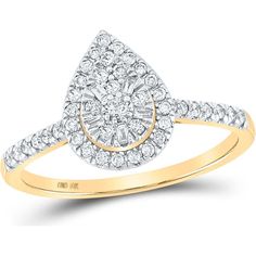 GND 10K Yellow Gold Teardrop Ring with Prong-Set Round and Channel-Set Baguette Diamonds - 1/3 Carat Total Diamond Weight Luxury Open Ring With Halo Design, Teardrop Ring, Diamond Cluster Ring, 3 Carat, Baguette Diamond, Delicate Necklace, Diamond Cluster, Ring Size 7, Diamond Clarity