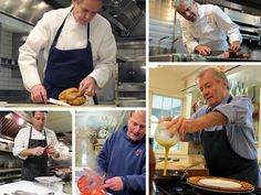 four pictures of men in the kitchen preparing food and making donuts, one man wearing an apron, another holding a plate with doughnuts on it