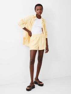 Stripe Shirting Shorts Neutral Dresses, All Black Dresses, Stripe Shorts, Floral Shirt Dress, Summer Stripes, Short Coat Jackets, Lightweight Shorts, Wedding Guest Dress Summer, Blue Midi Dress