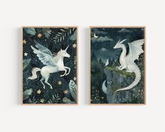 two framed paintings depicting white unicorns in the night sky with stars and leaves on them