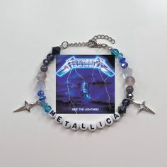 Metallica Album Cover Bracelet        All Jewelry is Handmade with love and care by myself, Gabby. These are limited quantity while supplies last however, if something is sold out, message me to see if I can make you one! Every sale goes back into growing my shop and helps my dream of turning my small business into a fulltime job!🖤 Made with: plastic letters, glass beads, and zinc alloy charms on a stainless steel wire with a 4cm stainless steel adjustable chain.  * Length is 20cm + 4cm chain * Metallica Bracelet, Metallica Album Covers, Metallica Albums, Couple Presents, Plastic Letters, Jewelry Care Instructions, Handmade Beaded Jewelry, Bracelet Handmade, Chains Jewelry