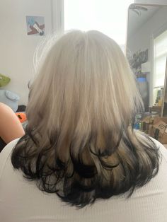 Black And Light Blonde Hair, Long Hair Frosted Tips, Blonde Black Tips Hair, Silver Hair With Black Tips, Platinum Blonde With Black Tips, Silver Hair Black Tips, Grey Hair With Black Tips, Platinum Hair With Black Tips, Blonde Hair Brown Ends