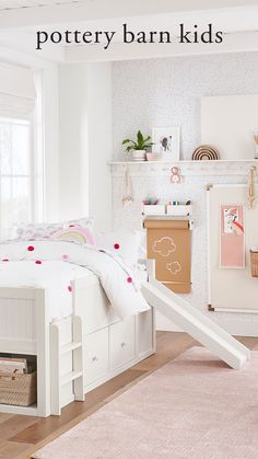 a child's bedroom with white furniture and pink carpet