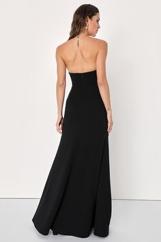 We are obsessed with the idea of dancing the night of the way in glamorous fashion with the Lulus Passionate Admiration Black Strapless Bustier Maxi Dress! Take everyone's breath away with this sensational dress that features a stretchy crepe knit construction that shapes a sultry sweetheart neckline and a strapless, bustier-inspired bodice with supportive boning and hidden no-slip strips. A fitted waist tops a figure-skimming skirt that boasts a mermaid-style silhouette as it falls to a sweepin Strapless Cocktail Dress With Fitted Bodice, Backless Strapless Dress With Fitted Bodice For Gala, Strapless Fitted Bodice Backless Dress For Gala, Strapless Dress With Fitted Bodice For Cocktail, Party Strapless Dress With Corset Back And Fitted Bodice, Glamorous Evening Dress With Fitted Bodice, Strapless Fitted Maxi Dress, Strapless Corset Dress For Evening With Fitted Bodice, Strapless Mini Dress With Boned Bodice For Night Out