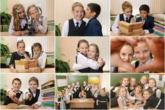 several pictures of children posing with books in front of them and smiling at the camera