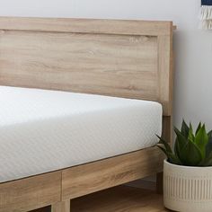 a white mattress sitting on top of a wooden bed frame next to a potted plant