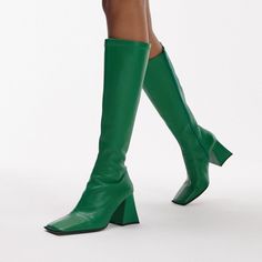 Love These Boots So Much-- Heartbroken They Don't Fit My Athletic Calves. Gorgeous Kelly Green Boots In High Quality Leather. They Do Have A Bit Of Stretch To Them And Are Very Comfortable, Just A Little Too Tight For Me. Green Boots, Kelly Green, High Quality Leather, Over The Knee Boots, Over The Knee, Knee High, Topshop, Tights, Women Shoes