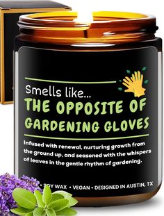 an open jar of gardening gloves next to purple flowers