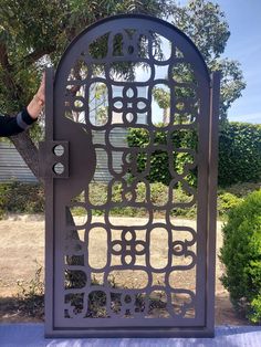 a large metal gate in the middle of a yard with trees and bushes behind it