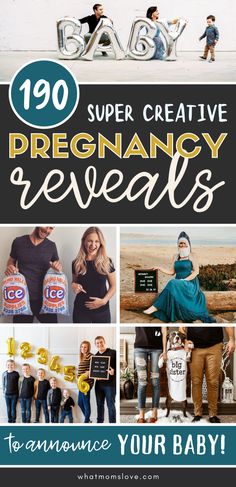 some people are posing with their baby in front of them and the words super creative pregnant reveal