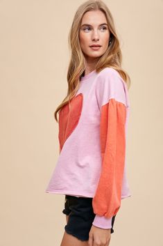 Heart Patch Mineral Wash Color Block French Terry Pullover Oversized Long Sleeve Top With Heart Graphic, Trendy Heart Graphic Tops For Loungewear, Trendy Heart Print Tops For Loungewear, Trendy Loungewear Tops With Heart Graphic, Heart Print Crew Neck Top For Loungewear, Long Sleeve Tops With Heart Print For Spring, Trendy Long Sleeve Top With Heart Print, Pink Long Sleeve Top With Heart Graphic, Spring Heart Patch Crew Neck Top