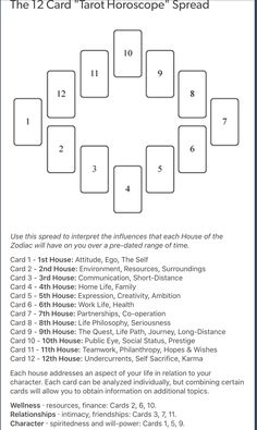 the 12 card tarot horoscope spread is shown in black and white, with numbers