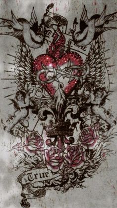 an artistic tattoo design with roses, hearts and wings on a gray background that is grungy