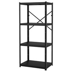 a black shelf with four shelves on each side