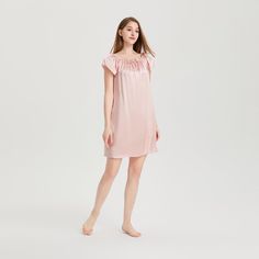 This 19 Momme Silk Short Sleeve Ruffle Silk Chemise is made of 100% Mulberry silk, which is washable. The simple yet modern design gives this 100 silk chemise a perfect silhouette. The washable silk chemise is the star line of THXSILK pajamas and includes a silk camisole top, short robe and pajamas sets. The ruffle design lets you have sweet style. It is a must-have for lounging at home. After purchasing it you will find that you need this lovely nightgown every night, with a comfortable and bre Feminine Satin Nightgown For Summer, Feminine Satin Summer Nightgown, Feminine Silk Nightgown For Summer, Silk Feminine Nightgown, Elegant Satin Sleepwear With Short Sleeves, Elegant Short Sleeve Satin Sleepwear, Feminine Silk Sleepwear For Summer, Pink Satin Chemise For Summer, Silk Summer Nightgown