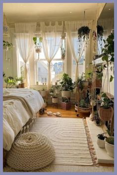 a bed room with a neatly made bed and lots of plants