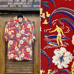 "Vintage 1940's \"Pilgrim\" Surf Natives Tiki Tropical Rayon Hawaiian Shirt. Tag Size S. Please check the measurements below.  Good vintage condition.  Missing second to last button. (see photos) The label is  \"Pilgrim\".  Original 1940's.  Two flap button Hawaiian shirt with loop collar and native surf pattern.   All Sales Final.   Please ask any questions before purchase.   Take a look at our Store for more Vintage Clothing - VintageOnHollywood.   MEASUREMENTS  Shoulder to Shoulder: 17\" Unde Vintage Red Camp Shirt With Camp Collar, Vintage Red Short Sleeve Camp Shirt, Red Vintage Shirt With Vintage Print, Red Vintage Print Shirt, Vintage Beach Shirt With Vintage Print, Vintage Short Sleeve Hawaiian Shirt With Vintage Print, Beach Shirt With Vintage Print, Vintage Print Beach Shirt, Vintage Camp Shirt With Retro Print