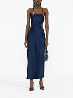 Midi Dress Blue, Satin Midi Dress, Blue Midi Dress, Dress Blue, Satin Finish, Midnight Blue, Mid Calf, Fashion Branding, Cut Out