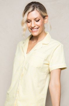 Feel cool and comfy in these woven cotton pajamas softened with gingham checks and tailored with notched lapels, smooth piping and convenient pockets. Top has notched lapels; short sleeves 100% cotton Machine wash, dry flat Imported Gingham Cotton Sleepwear For Bedtime, Cotton Gingham Sleepwear, Spring Gingham Sleepwear For Bedtime, Gingham Sleepwear For Spring Bedtime, Gingham Sleepwear For Bedtime In Spring, Gingham Cotton Sleepwear With Relaxed Fit, Summer Gingham Cotton Sleepwear, Spring Plaid Sleepwear, Gingham Sleepwear With Relaxed Fit For Loungewear