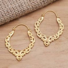 Intricate Brass Hoop Earrings, Gold Plated Filigree Hoop Earrings, Gold-plated Filigree Hoop Earrings, Brass Filigree Hoop Earrings For Wedding, Brass Hoop Earrings With Intricate Design, Brass Hoop Earrings With Intricate Design For Festivals, Ornate Gold Brass Hoop Earrings, Elegant Metal Hoop Earrings With Intricate Design, Yellow Gold Brass Hoop Earrings With Intricate Design