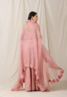 Onion Pink Palazzo with Onion Pink Cape Set of 3 - Trendroots Silk Embroidery Blouse, Scoop Neckline Blouse, Onion Pink, Hand Embroidered Blouse, Cape Set, Embroidered Cape, Pink Cape, Palazzo Set, Blouse Sleeveless