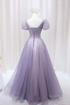 Purple Tulle Beaded Long Formal Dress Cute A-Line Evening Dress Sequin Fitted Evening Dress For Debutante Ball, Fitted Tulle Sequin Dress For Prom Season, Short Sleeve Tulle Dress For Banquets, Sequined Dresses With Fitted Bodice For Banquet, Purple Tulle Evening Dress, Purple Embellished Dress For Debutante Ball, Embellished Purple Dress For Debutante Ball, Short Sleeve Tulle Dress For Prom Season, Fitted Tulle Dress With Short Sleeves