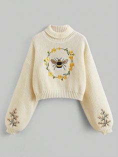 ROMWE Fairycore Women's Bee Embroidered Drop Shoulder Half Turtleneck Sweater | SHEIN USA Lantern Sleeve Sweater, Bee Embroidery, Bee On Flower, High Neck Sweater, Long Sleeve Pullover Sweater, Drop Shoulder Sweaters, Embroidered Sweater, Plus Size Sweaters, Plus Size Kleidung