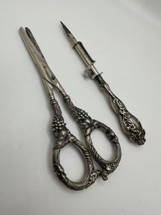 Antique Fancy Sterling Silver Scissors and Unknown Tool Fantasy Trinkets, Fancy Scissors, Antique Scissors, Eyeliner Makeup, Sketches Simple, Organic Chemistry, Bad Wolf, Art Drawings Sketches Simple, Book Decor