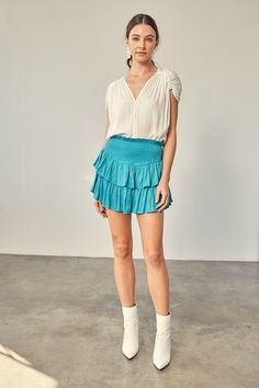 Jade Blue Smocked Waist Ruffle Skirt Short Flowy Skirt, Blue Ruffle Skirt, Layered Mini Skirt, Blue Skort, River Blue, Smocked Skirt, Skirt With Shorts, Blue Mini Skirt, Boho Skirts