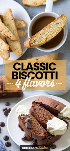 chocolate biscotti bread with cream on top and coffee in the background, along with other desserts