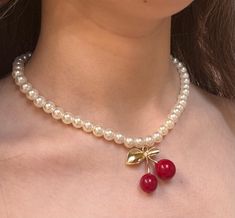 This cherry necklace is handmade and will perfectly match all of your summer outfits.   16 inches (adjustable) Made with stainless steel findings Cherry's Aesthetic, Cherry Beaded Necklace, Cherry Aesthetics, Cherry Accessories, Cherries Aesthetic, Cherry Core, Lemon Accessories, Necklace Fairycore, Cherry Style