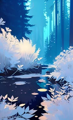 a painting of trees and water in the woods