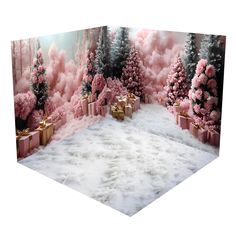 a room with pink trees and presents on the floor, surrounded by fluffy white carpet