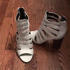 White Gladiator Heels With Tan/Chestnut Heels. Only Worn Inside The Hour. Basically Brand New. White Heels With Wooden Heel And Almond Toe, White Almond Toe Heels With Wooden Heel, Synthetic Heels With Wooden Heel And Almond Toe, Gladiator Heels, Sam Edelman Shoes, Sam Edelman, Chestnut, Circus, Shoes Women Heels