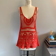 Coral Crochet Top. Urban Outfitters Brand. Never Worn. Red Crochet Dress For Summer Beach, Red Sleeveless Crochet Top, Red Sleeveless Crochet Dress For Vacation, Red Lace Tops For Summer, Red Sleeveless Crochet Dress For Summer, Casual Red Crochet Dress For Summer, Urban Outfitters Bohemian Tops For Beach, Fitted Red Crochet Beach Dress, Fitted Red Crochet Lace Top