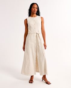 Flattering midi dress in our soft linen-blend fabric and relaxed-fit silhouette, featuring a self-tie removable belted waist and functional button-through detail. Cute Jumpsuits, Belted Midi Dress, Linen Women, Womens Midi Dresses, Rompers Women, Women's Dresses, Abercrombie Fitch, Linen Blend, Jumpsuit Dress