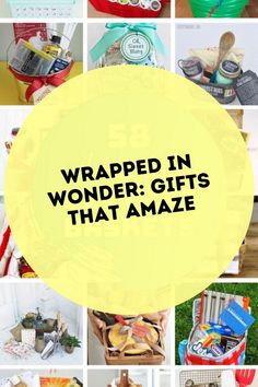 the words wrapped in wonder gifts that amaze are overlaid by images of various items