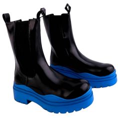 Jelly Bean New Biker, Rain, Grunge Style Boots - Mid - Chunky Heel - Black With Blue Trim Soles -Size: 8.5m Brand New With Box! Rain Fashion, Colored Boots, Black Chunky Heels, Jelly Bean, Style Boots, Blue Trim, Biker Boots, Grunge Style, Jelly Beans