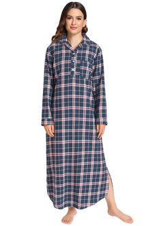 PRICES MAY VARY. 100% Cotton Imported Button closure Do Not Bleach women's nightgowns made from lightweight, plaid cotton flannel Sleep shirts features long sleeves, collared neck with buttons front A chest pocket on the left for a nostalgic feel Full length flannel nightgowns keeps you warm and comfy Machine Wash Cold, Iron Low Heat, Do Not Bleach