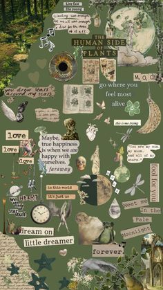 a collage of many different things in the shape of a tree with words and pictures on it