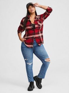 FIT Model is 5’8” wearing size 1. . Measures 31” from shoulder (size 2). MATERIALS + CARE Softest Flannel woven fabric. . 85% rayon, 15% acrylic. Machine wash cold. Tumble dry low. Imported. DETAILS Collared neckline. Long sleeves. Plaid print. . The best plus size women's lizzie softest flannel shirt long sleeve tops in kimmie plaid rhubarb made of acrylic. Torrid is your destination for cozy fall and winter clothes to keep you warm and comfortable. Winter Clothes Plus Size, Red Plaid Outfits For Women, Red Casual Flannel Shirt For Fall, Torrid Fall Outfits, Flannel Shirt Plus Size Outfit, Fitted Red Flannel Shirt For Fall, Flannel Shirt Plus Size, Oversized Red Flannel Shirt Casual, Plus Size Long Sleeve Tops