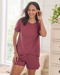 A sanctuary for sleep and relaxation, our pajama shorts are detailed with a comfy wide waistband, functional pockets, and pretty hems. In soft, breathable jersey-knit organic cotton and TENCEL™ Lyocell, with a tranquil and restorative color palette that's truly the stuff of dreams.  Exclusive. Angled pockets. Tulip hems. Garnet Hill, Pajama Shorts, Wide Waistband, Sleepwear Women, Knit Jersey, Women Clothing, Oasis, Garnet, Relaxation