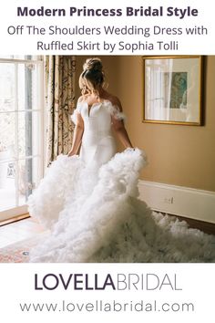 a woman in a wedding dress with ruffled skirt