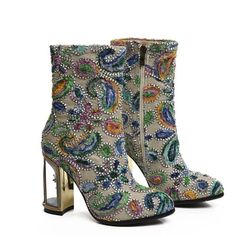 Floral Gem Cage Ankle Boots | mygoodyshop.com – MyGoodyShop Clear Chunky Heels, Fashion Patchwork, Embroidered Boots, Chunky Heel Shoes, Female Shorts, Round Toe Shoes, Print Flower, Ethnic Print, Boot Types