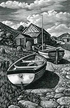 a black and white drawing of two boats on the shore with houses in the background