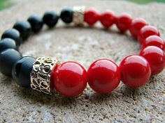 Red Bead Bracelet, Black, Beaded Bracelet, Gemstone Stretch Bracelet, Gold, Stretch Bracelet, Stacking Bracelet, Women's Jewelry, For Her by BeJeweledByCandi on Etsy Red Bead Bracelet, Black Beaded Bracelet, Gold Stretch Bracelet, Red Beaded Bracelet, Bracelet Stacking, Black Beaded Bracelets, Bracelet Gemstone, Gemstone Beaded Bracelets