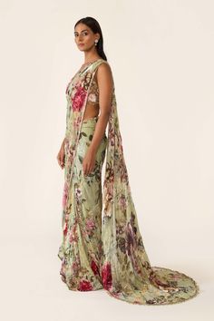 This green printed georgette sari features sequin, cutdana and bead highlights with hand threadwork embroidery and is paired with blouse with thread and bead work. Threadwork Embroidery, Green Print, Photographic Lighting, Timeless Beauty, Bead Work, Custom Sizing, Sequin, Highlights, Thread