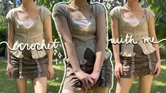 three different pictures of a woman in short shorts and a top with ruffles