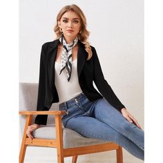 Introducing our Women's Open Front Blazer, the perfect addition to your office and work wardrobe. This business suit blazer features a classic notched lapel design and a casual cropped length, ideal for adding a touch of sophistication to your ensemble. The long sleeves and open front create a versatile piece that can be dressed up or down for any occasion. Crafted from a blend of 95% polyester and 5% spandex, this blazer offers a comfortable and stretchy fit for all-day wear. Available in four Female Features, Velvet Cardigan, Sleeve Bolero, Female Sleeve, Lapel Design, Sparkly Party, Cropped Blazer Jacket, Lapel Blazer, Work Suits