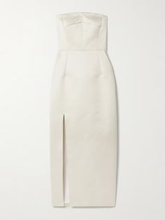 Ivory Pola strapless duchesse-satin midi dress | EMILIA WICKSTEAD | NET-A-PORTER Emilia Wickstead, Flat Dress Shoes, Dress Flats, Strapless Neckline, Minimal Aesthetic, Satin Midi Dress, Everyday Wardrobe, Wide Leg Trousers, Net A Porter